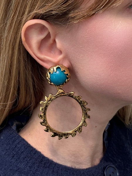 YSL Gold Plated Hoops Earrings with Blue resin stone (Vintage)