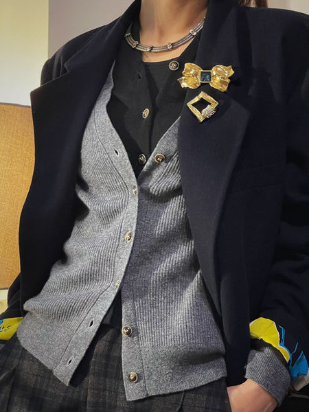 YSL Yves Saint Laurent raffia bow crystal brooch (Vintage)