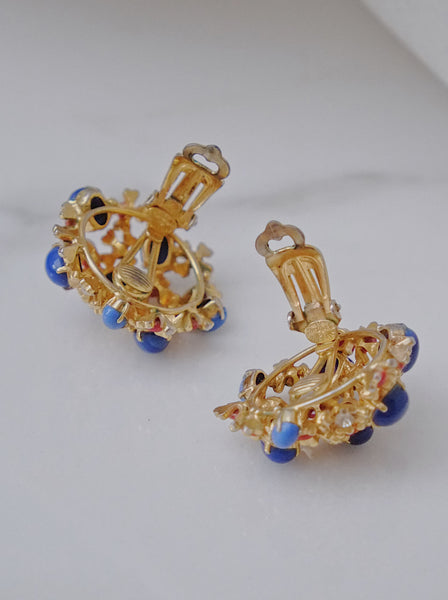 Chr Dior 1967 blue and coral colours cabochon earrings (Vintage)