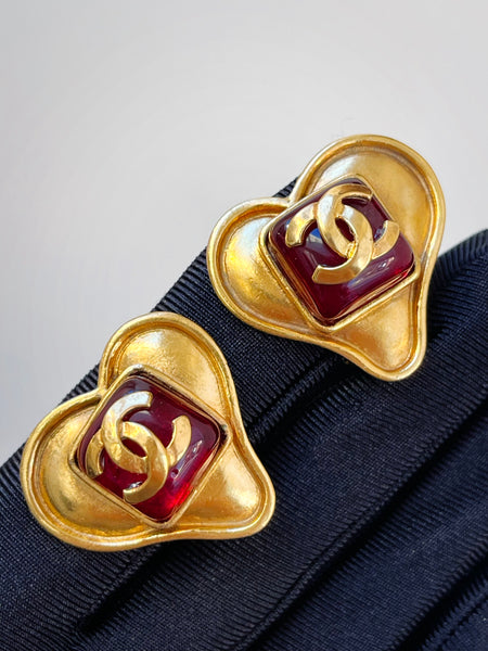 Chanel heart earrings with red gripoix glass (vintage)