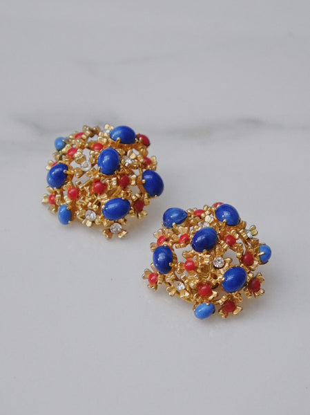 Chr Dior 1967 blue and coral colours cabochon earrings (Vintage)