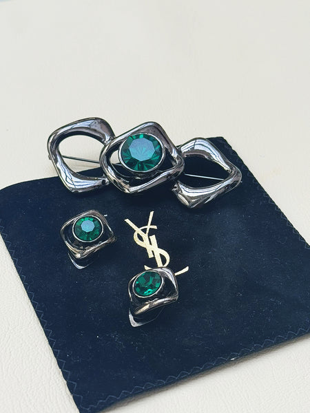 YSL Green Crystals Earrings and Brooch (Vintage)