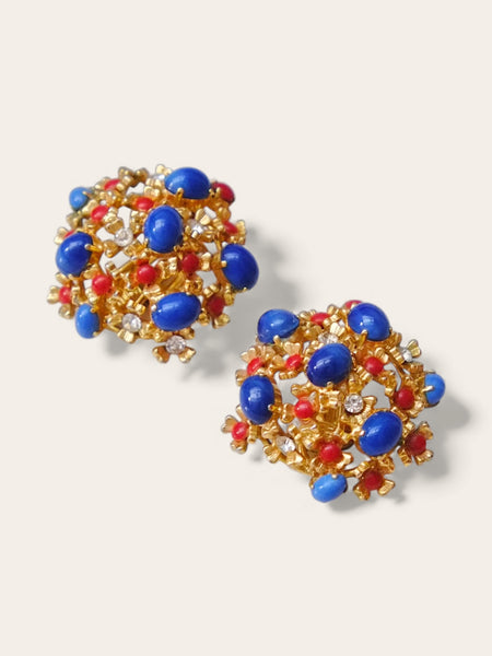 Chr Dior 1967 blue and coral colours cabochon earrings (Vintage)