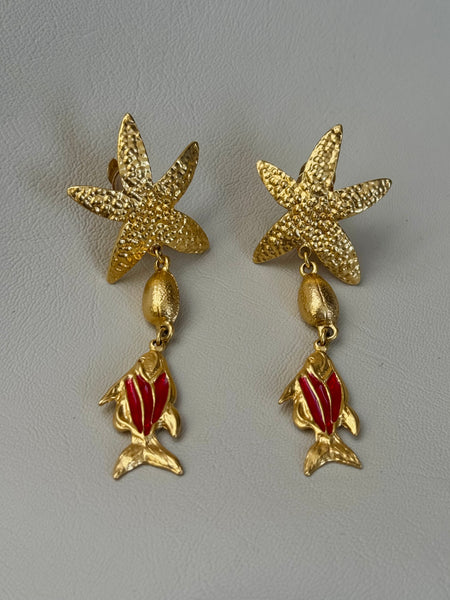 YSL Gold Plated Starfish and Red Fish Earrings
