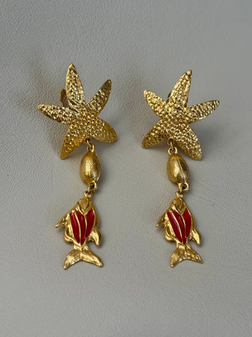 YSL Gold Plated Starfish and Red Fish Earrings