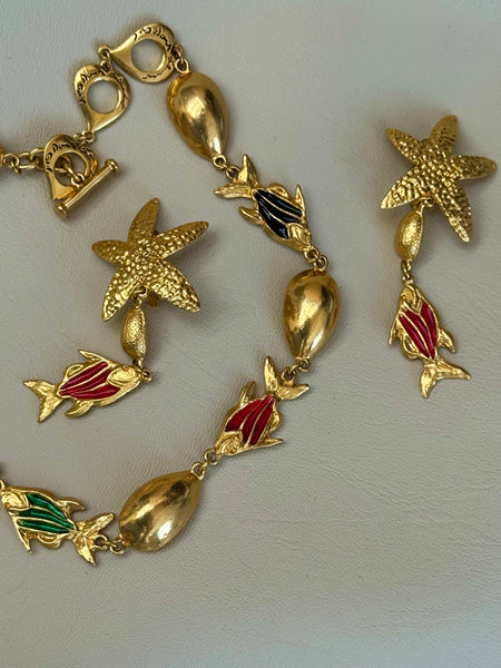 YSL Gold Plated Starfish and Red Fish Earrings