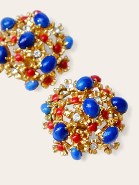 Chr Dior 1967 blue and coral colours cabochon earrings (Vintage)