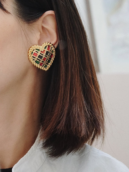 Butler & Wilson Scotch Tartan pattern Heart earrings (vintage)