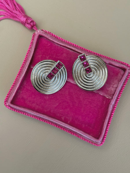 YSL Round Metal Earrings with Pink Crystals