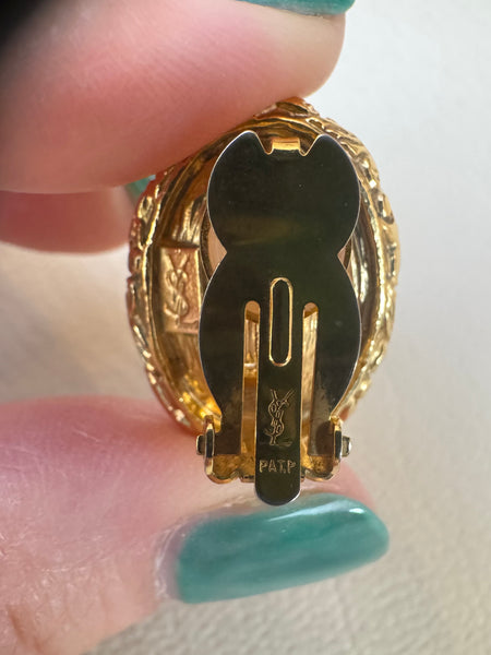 YSL Gold Plated Oval Earrings with Green Crystal