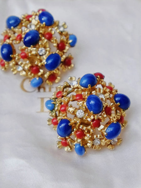 Chr Dior 1967 blue and coral colours cabochon earrings (Vintage)