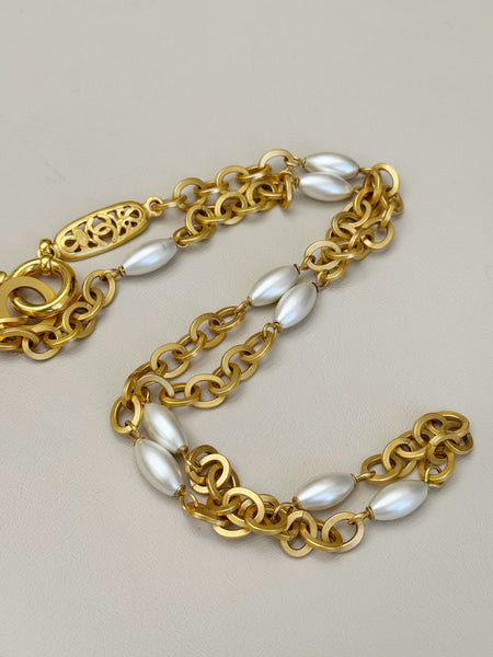 CHANEL golden chain with glass pearls long necklace, circa 1996
