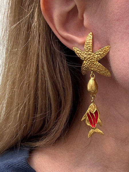 YSL Gold Plated Starfish and Red Fish Earrings