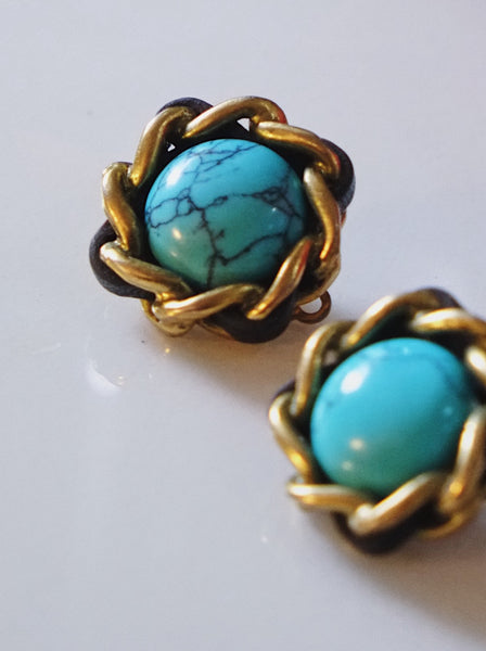 CHANEL turquoise stone with leather embellishment clip on earrings (vintage)