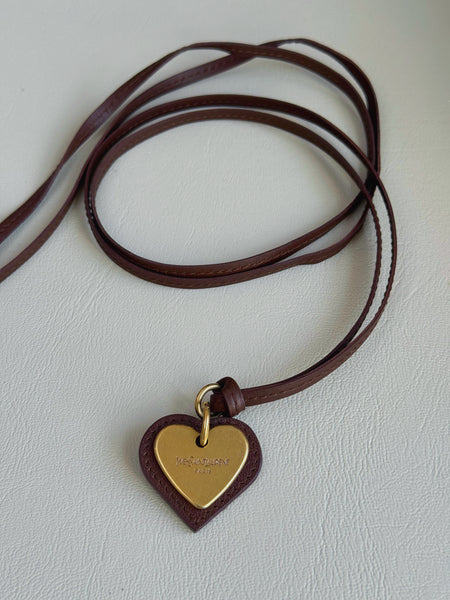 YSL brown heart pendant leather necklace