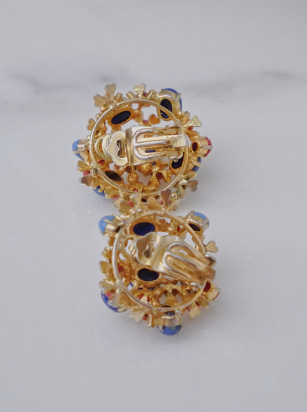 Chr Dior 1967 blue and coral colours cabochon earrings (Vintage)