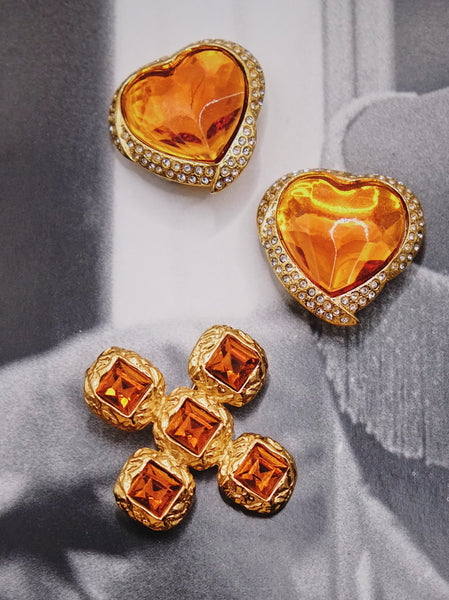 YSL Yves Saint Laurent orange crystals cross pin brooch (Vintage) | on slowness