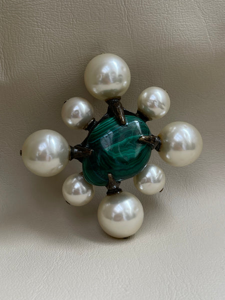 CHANEL Malachite and Glass Pearls Brooch, Circa 1997P (vintage)