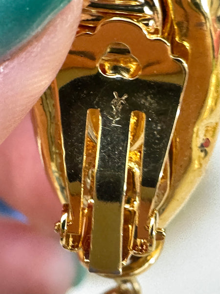 YSL Gold Pendant Earrings with Blue resin drops