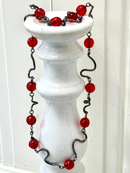 Cecile Jeanne Twisted Red Resin Beaded Necklace (Vintage)