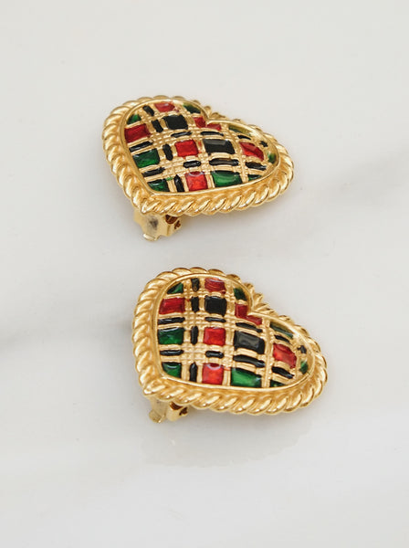 Butler & Wilson Scotch Tartan pattern Heart earrings (vintage)