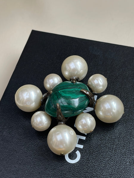 CHANEL Malachite and Glass Pearls Brooch, Circa 1997P (vintage)