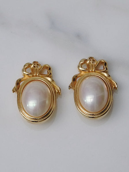 Chr Dior raffia bow imitation pearl earrings (vintage)