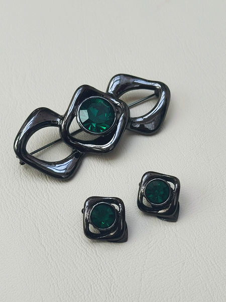 YSL Green Crystals Earrings and Brooch (Vintage)