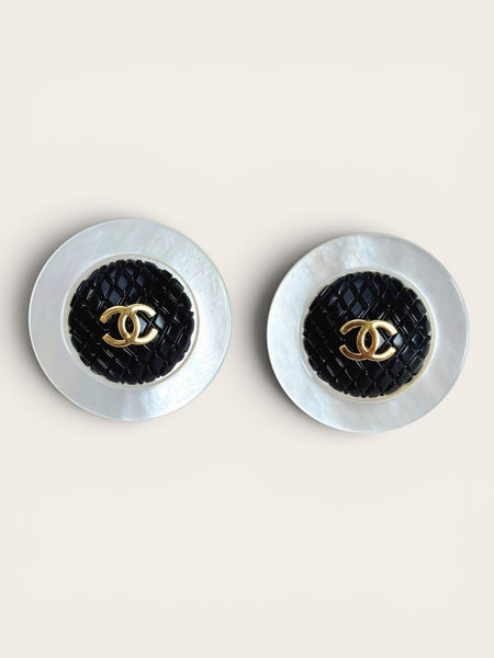 CHANEL Mother of Pearl with Black Woven Statement Earrings (Vintage)