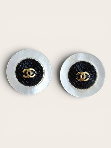 CHANEL Mother of Pearl with Black Woven Statement Earrings (Vintage)