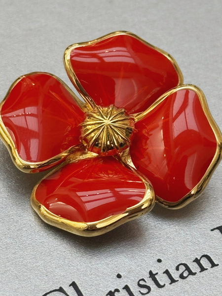 Christian Dior Red Enameled Flower Brooch (Vintage)