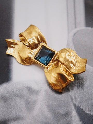 YSL Yves Saint Laurent raffia bow crystal brooch (Vintage)