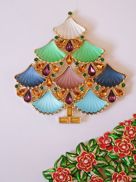Cristobal London XL multicolour glass and crystals Christmas tree brooch (vintage) | on slowness