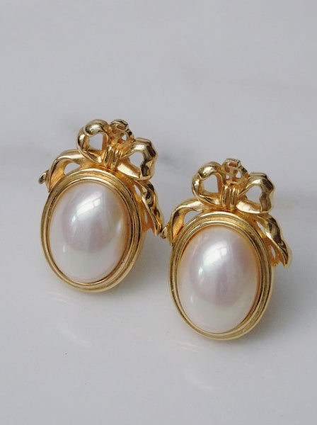 Chr Dior raffia bow imitation pearl earrings (vintage)