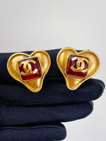 Chanel heart earrings with red gripoix glass (vintage)