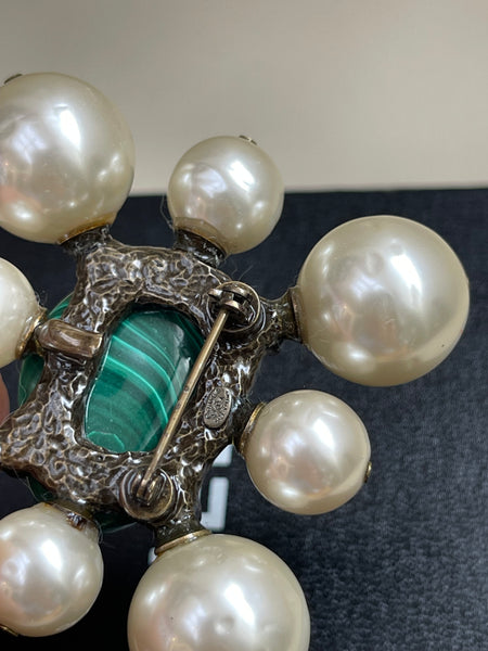 CHANEL Malachite and Glass Pearls Brooch, Circa 1997P (vintage)