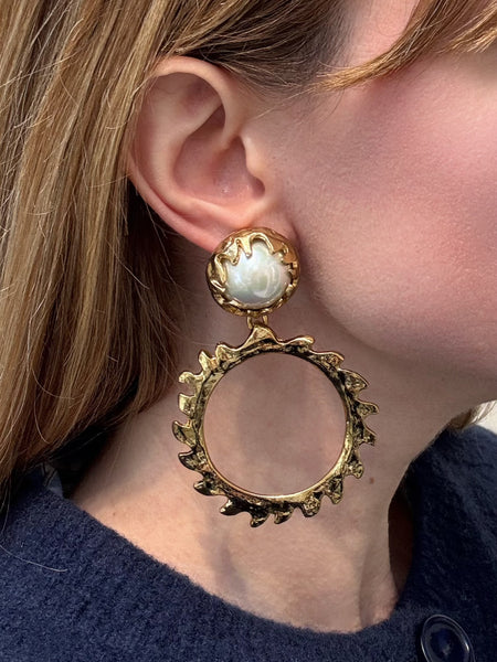 YSL Golden Hoops Earrings with Shimmery Faux Pearls (Vintage)