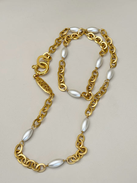 CHANEL golden chain with glass pearls long necklace, circa 1996