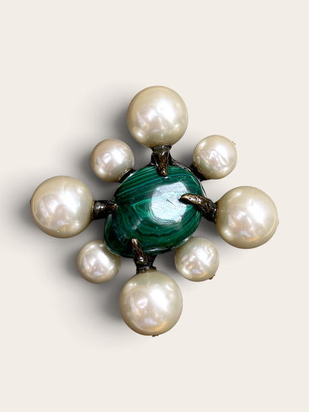 CHANEL Malachite and Glass Pearls Brooch, Circa 1997P (vintage)