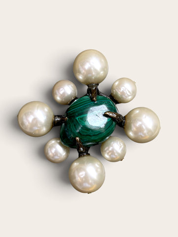 CHANEL Malachite and Glass Pearls Brooch from 1997P