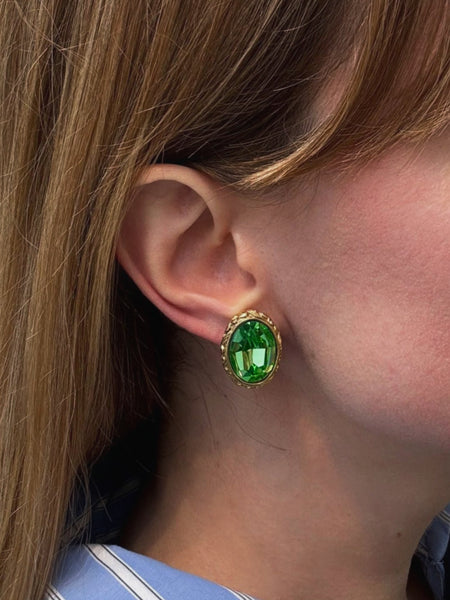 YSL Gold Plated Oval Earrings with Green Crystal