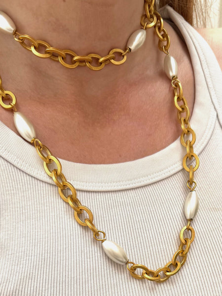 CHANEL golden chain with glass pearls long necklace, circa 1996