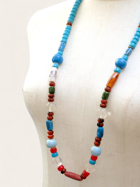 YSL multi-colour glass and hand-painted ceramic beads long necklace (vintage)