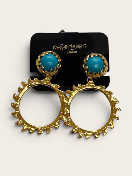 YSL Gold Plated Hoops Earrings with Blue resin stone (Vintage)