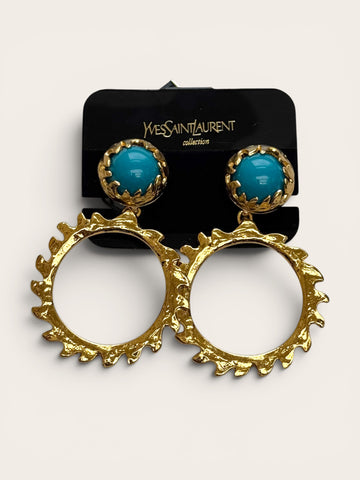 YSL Gold Plated Hoops Earrings with Blue resin stone (Vintage)