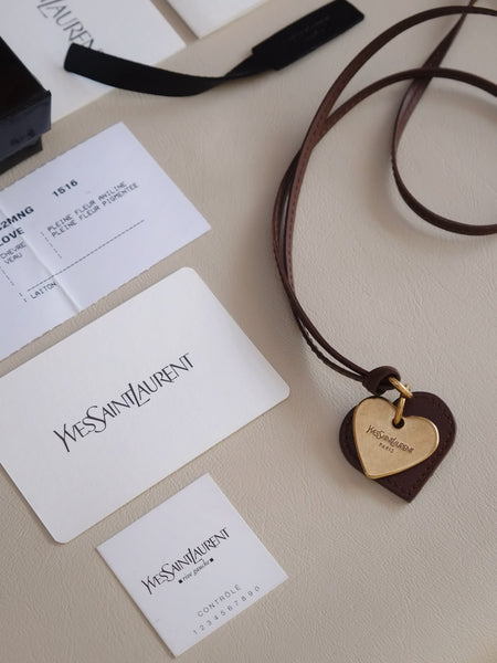 YSL brown heart pendant leather necklace