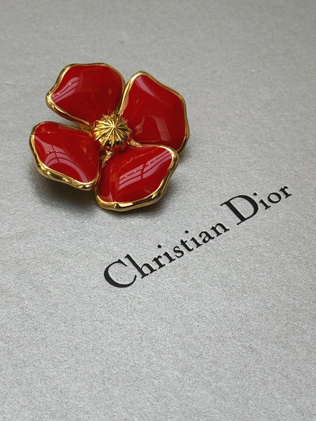 Christian Dior Red Enameled Flower Brooch (Vintage)