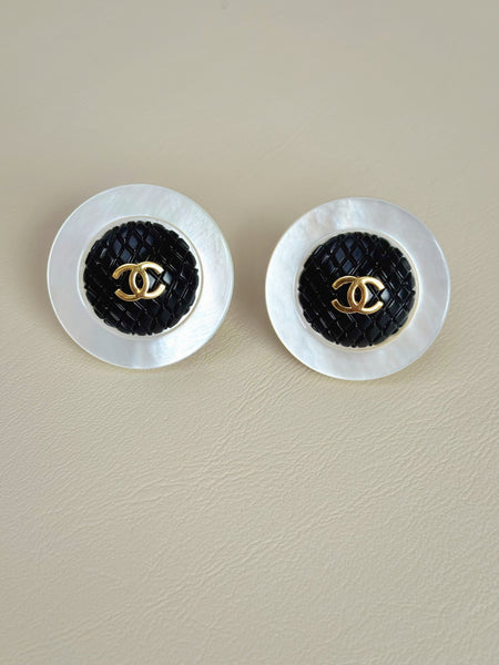 CHANEL Mother of Pearl with Black Woven Statement Earrings (Vintage)