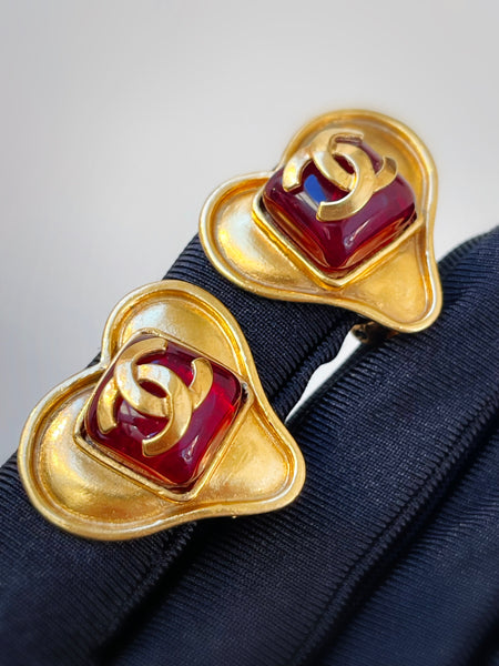 Chanel heart earrings with red gripoix glass (vintage)