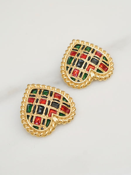 Butler & Wilson Scotch Tartan pattern Heart earrings (vintage) | on slowness